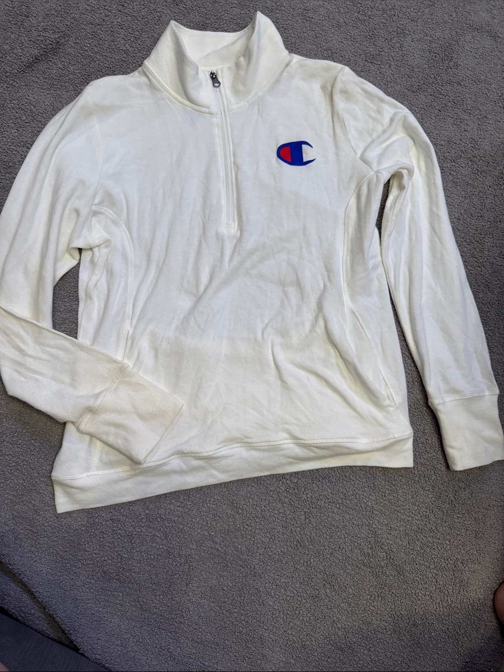 Champion White Half-Zip Pullover with Blue & Red Logo